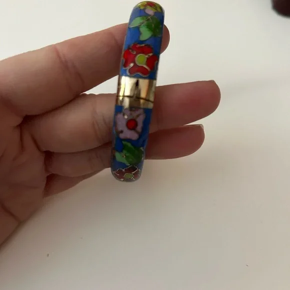 CLOISONNÉ BLUE Colorful Floral Bangle Bracelet 7 inches - Picture 2 of 6